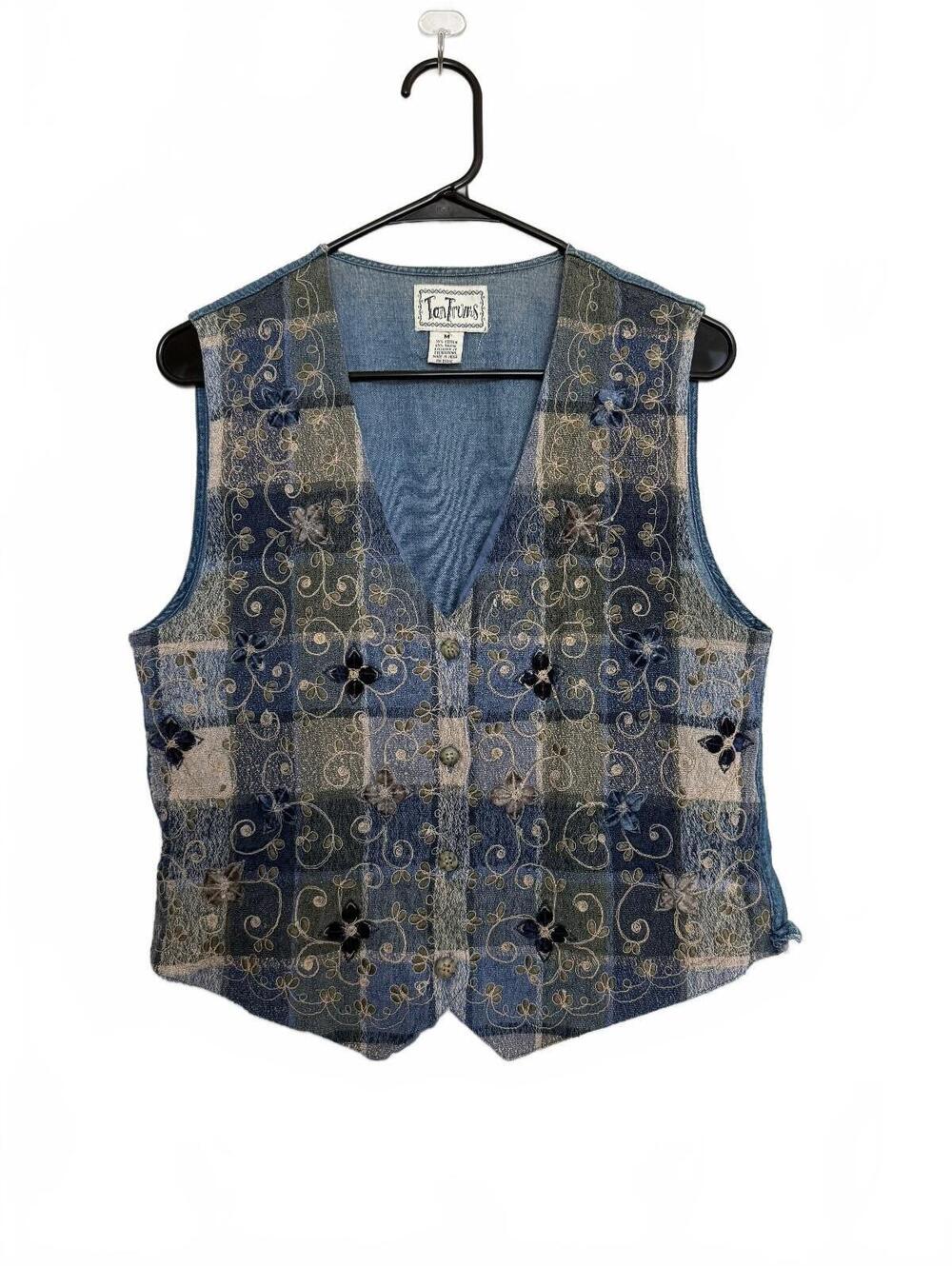 Vintage 90s‎ Retro Embroidered Patchwork Denim Vest